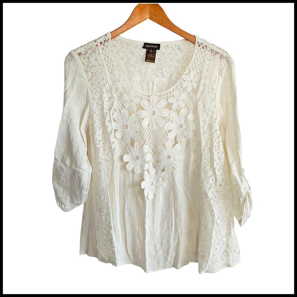 Multiples Crochet Lace Floral Applique‎ 3/4 Sleeve Top Blouse Size S Cotton